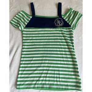 Beverly Hills Polo Club Shirt Size 14/16 Girls Youth Green Blue Striped